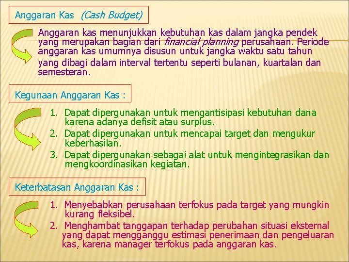 Anggaran Kas (Cash Budget) Anggaran kas menunjukkan kebutuhan kas dalam jangka pendek yang merupakan