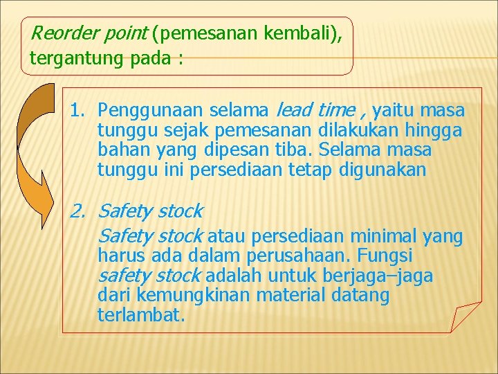 Reorder point (pemesanan kembali), tergantung pada : 1. Penggunaan selama lead time , yaitu