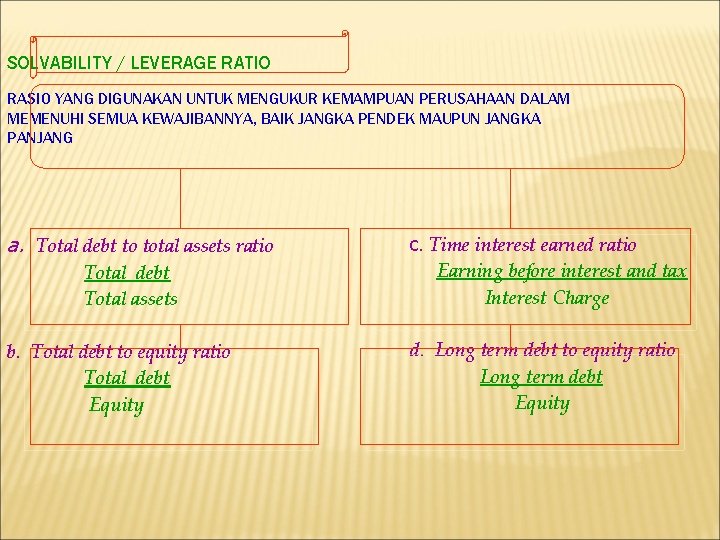 SOLVABILITY / LEVERAGE RATIO RASIO YANG DIGUNAKAN UNTUK MENGUKUR KEMAMPUAN PERUSAHAAN DALAM MEMENUHI SEMUA