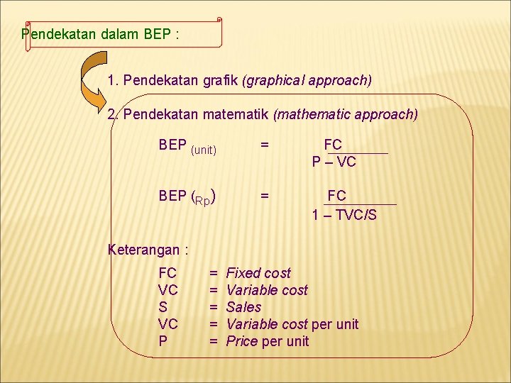 Pendekatan dalam BEP : 1. Pendekatan grafik (graphical approach) 2. Pendekatan matematik (mathematic approach)