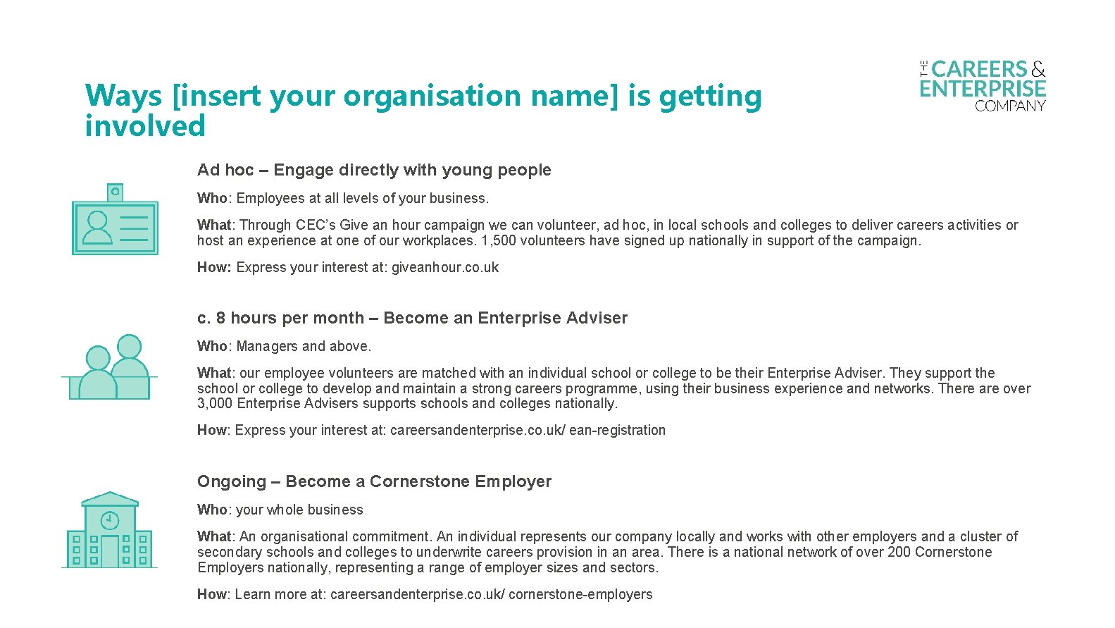 Ways [insert your organisation name] is getting involved Ad hoc – Engage directly with