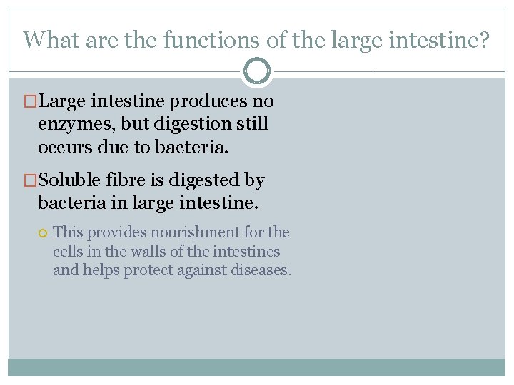 What are the functions of the large intestine? �Large intestine produces no enzymes, but