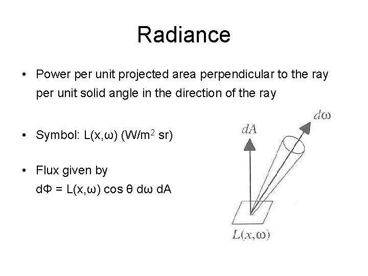 Radiance • Power per unit projected area perpendicular to the ray per unit solid