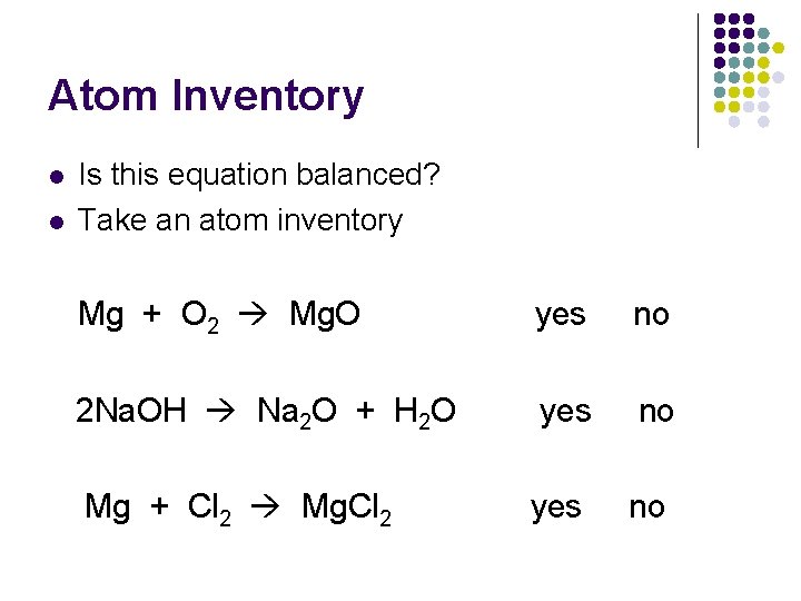 Atom Inventory l l Is this equation balanced? Take an atom inventory Mg +