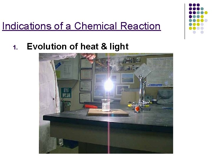 Indications of a Chemical Reaction 1. Evolution of heat & light 