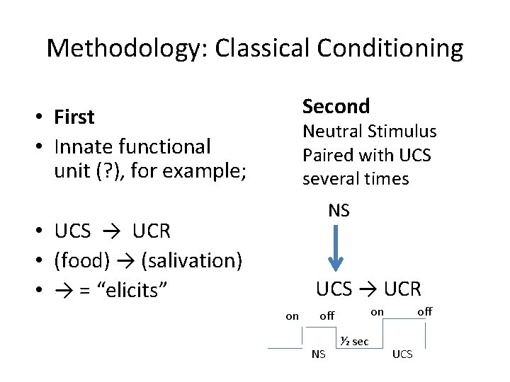 Methodology: Classical Conditioning Second • First • Innate functional unit (? ), for example;
