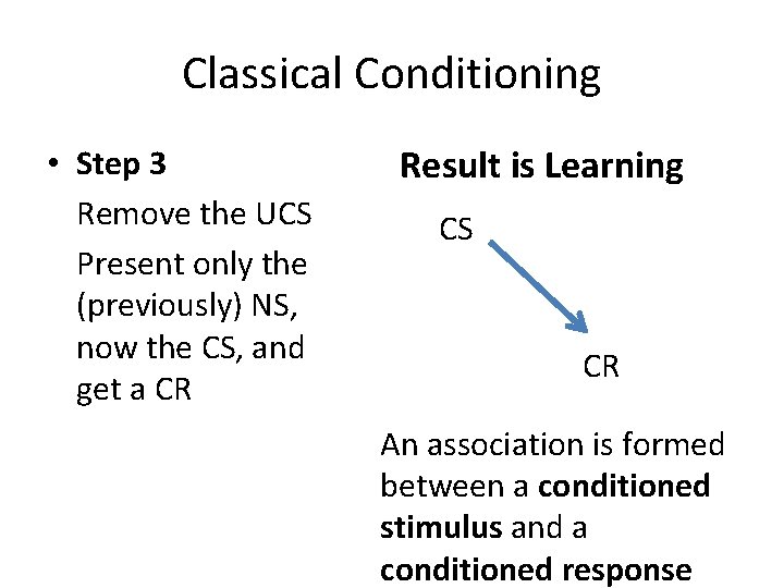 Classical Conditioning • Step 3 Remove the UCS Present only the (previously) NS, now