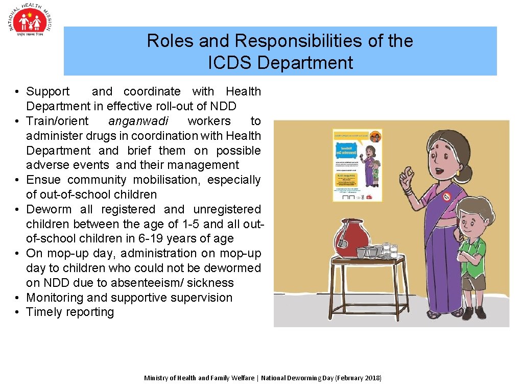 Roles and Responsibilities of the ICDS Department • Support and coordinate with Health Department