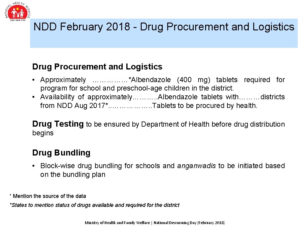 NDD February 2018 - Drug Procurement and Logistics • Approximately ……………*Albendazole (400 mg) tablets NDD February 2018 - Drug Procurement and Logistics • Approximately ……………*Albendazole (400 mg) tablets