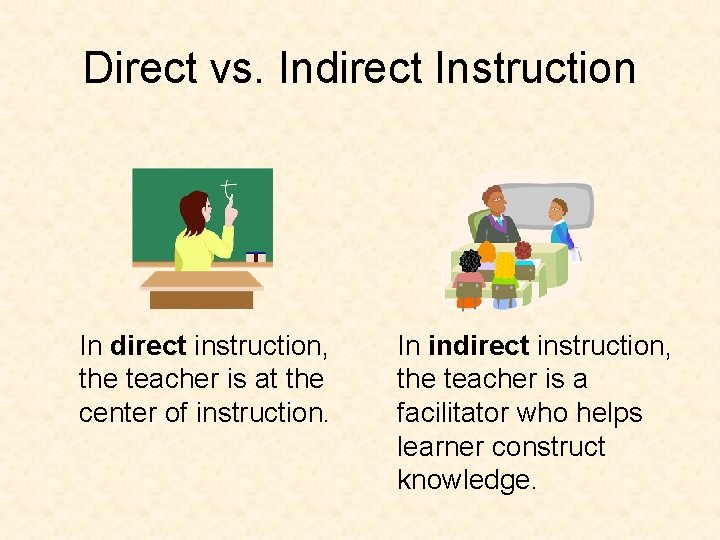 Direct vs. Indirect Instruction In direct instruction, the teacher is at the center of