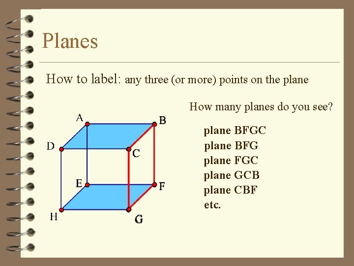 Planes How to label: any three (or more) points on the plane How many