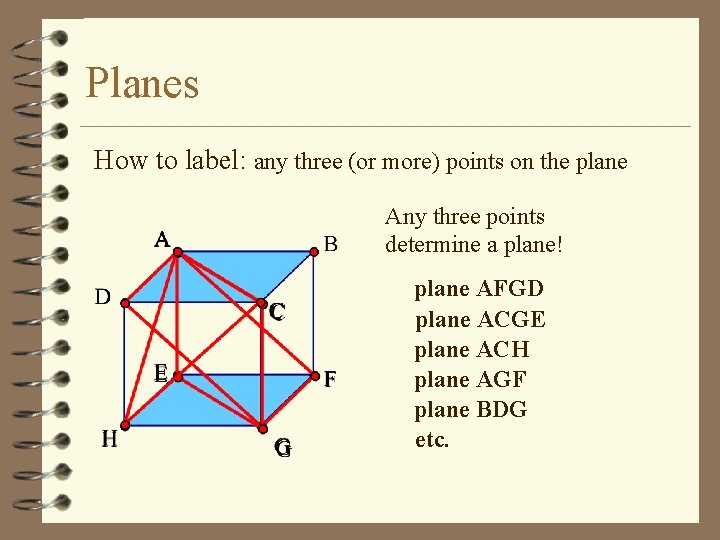 Planes How to label: any three (or more) points on the plane Any three