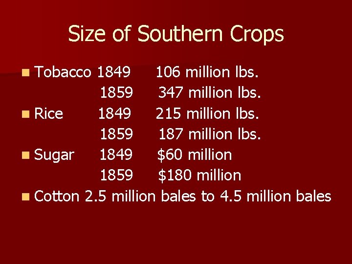 Size of Southern Crops n Tobacco 1849 106 million lbs. 1859 347 million lbs.