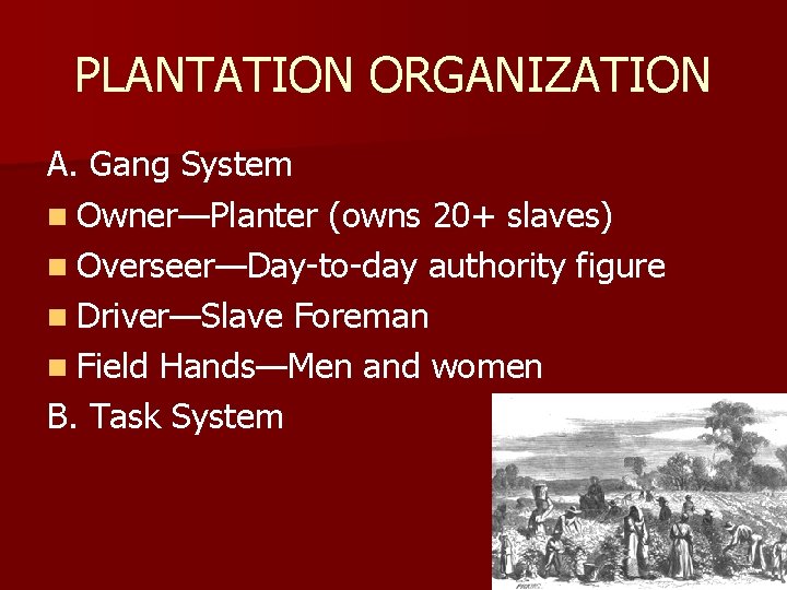 PLANTATION ORGANIZATION A. Gang System n Owner—Planter (owns 20+ slaves) n Overseer—Day-to-day authority figure