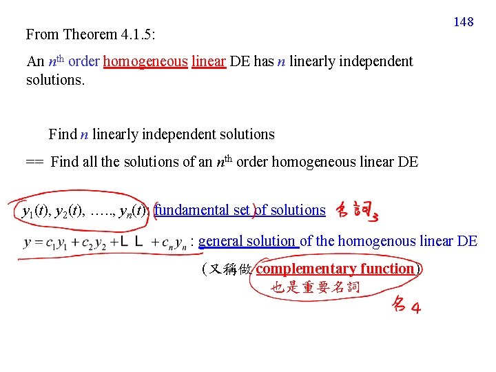 148 From Theorem 4. 1. 5: An nth order homogeneous linear DE has n