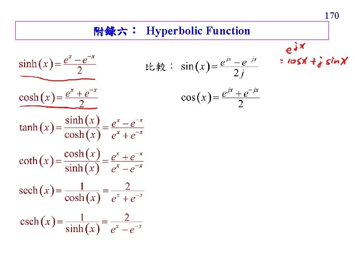 170 附錄六： Hyperbolic Function 比較： 