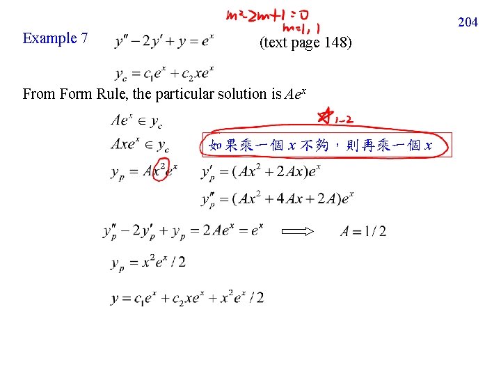 204 Example 7 (text page 148) From Form Rule, the particular solution is Aex