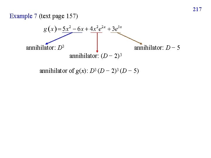 217 Example 7 (text page 157) annihilator: D 3 annihilator: D − 5 annihilator: