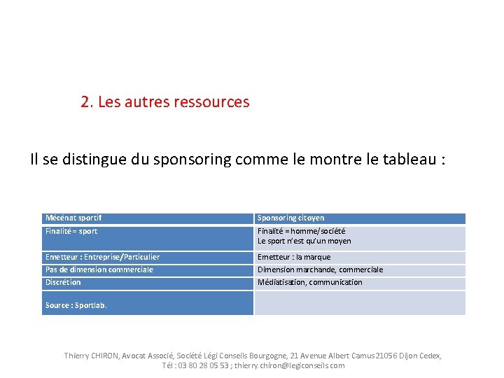 2. Les autres ressources Il se distingue du sponsoring comme le montre le tableau