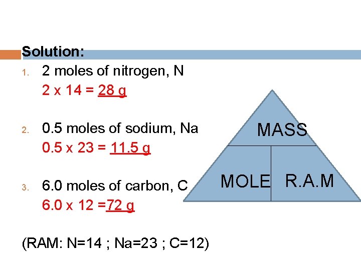 Solution: 1. 2 moles of nitrogen, N 2 x 14 = 28 g 2.