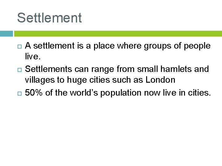 Settlement A settlement is a place where groups of people live. Settlements can range