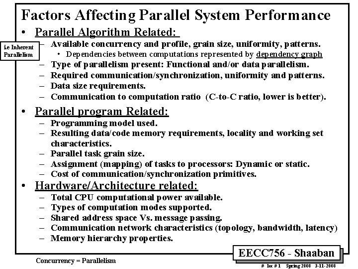 Factors Affecting Parallel System Performance • Parallel Algorithm Related: i. e Inherent Parallelism –