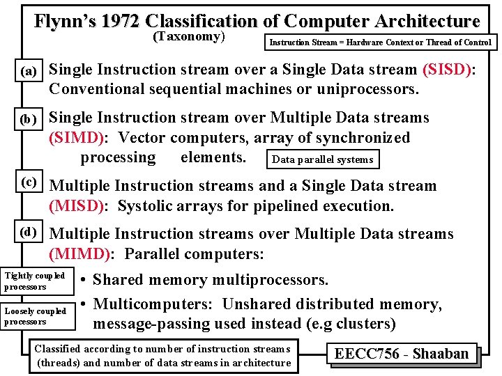 Flynn’s 1972 Classification of Computer Architecture (Taxonomy) Instruction Stream = Hardware Context or Thread