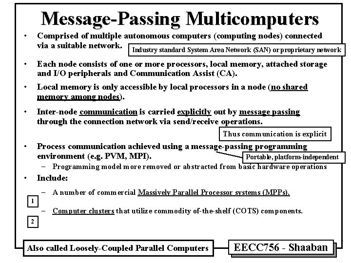 Message-Passing Multicomputers • Comprised of multiple autonomous computers (computing nodes) connected via a suitable