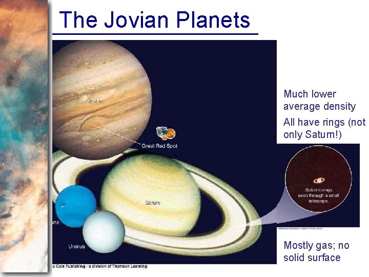 The Jovian Planets Much lower average density All have rings (not only Saturn!) Mostly