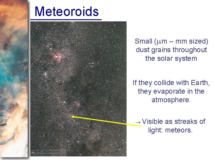 Meteoroids Small (mm – mm sized) dust grains throughout the solar system If they