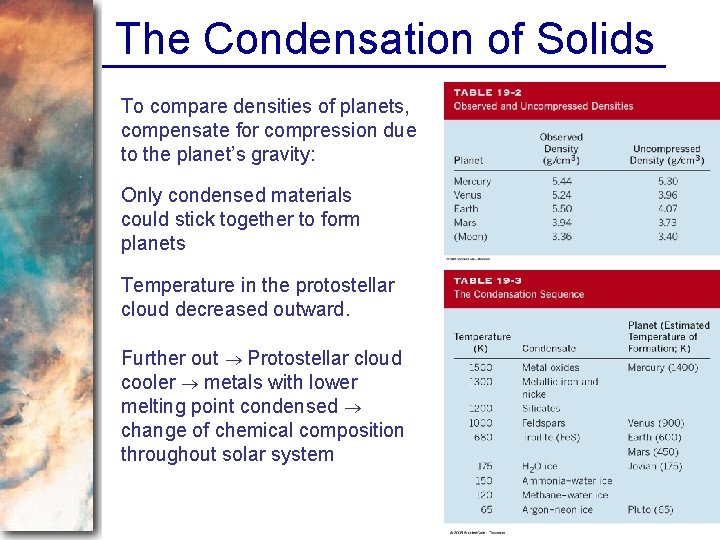 The Condensation of Solids To compare densities of planets, compensate for compression due to