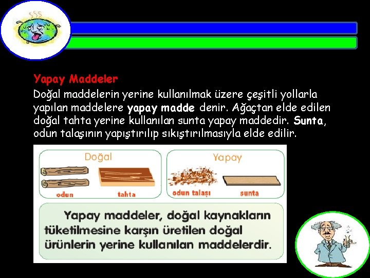 Yapay Maddeler Doğal maddelerin yerine kullanılmak üzere çeşitli yollarla yapılan maddelere yapay madde denir.