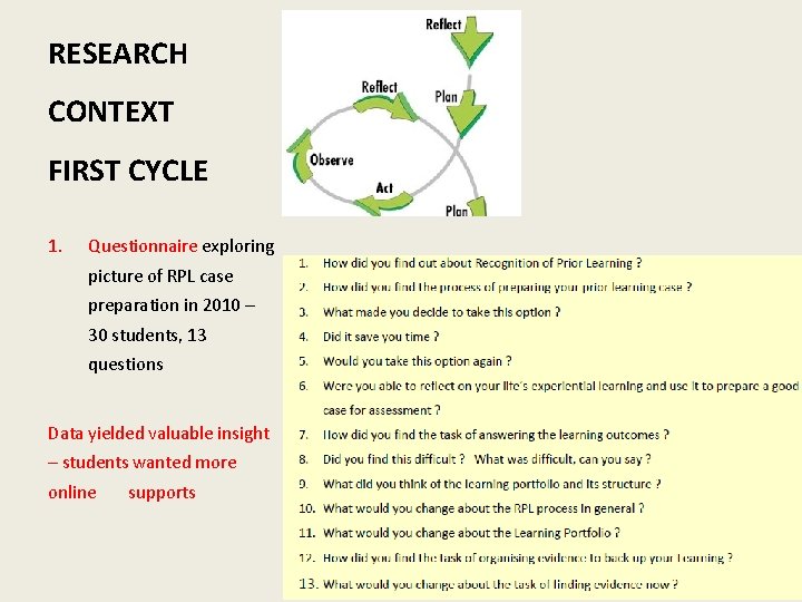 RESEARCH CONTEXT FIRST CYCLE 1. Questionnaire exploring picture of RPL case preparation in 2010