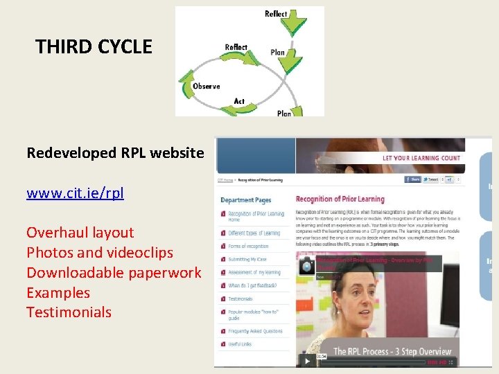 THIRD CYCLE Redeveloped RPL website www. cit. ie/rpl Overhaul layout Photos and videoclips Downloadable