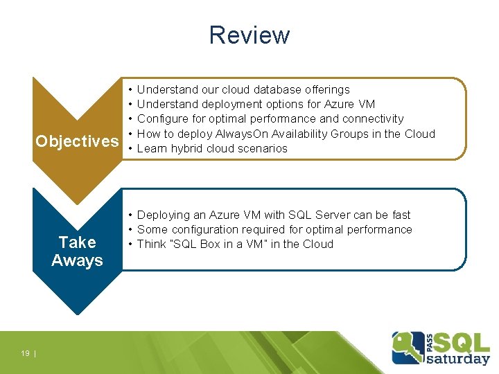 Review Objectives Take Aways 19 | • • • Understand our cloud database offerings