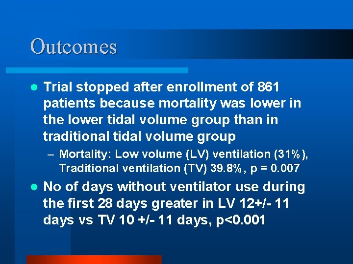 Outcomes l Trial stopped after enrollment of 861 patients because mortality was lower in