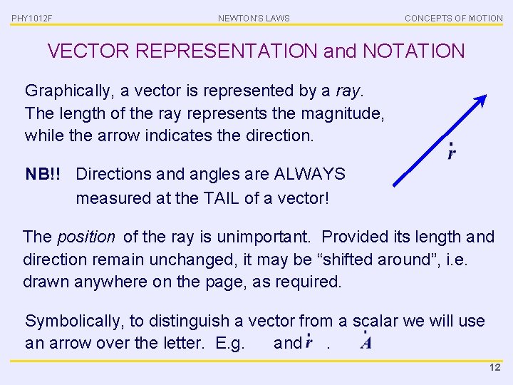 PHY 1012 F NEWTON’S LAWS CONCEPTS OF MOTION VECTOR REPRESENTATION and NOTATION Graphically, a