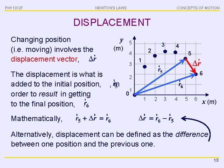 PHY 1012 F NEWTON’S LAWS CONCEPTS OF MOTION DISPLACEMENT Changing position (i. e. moving)