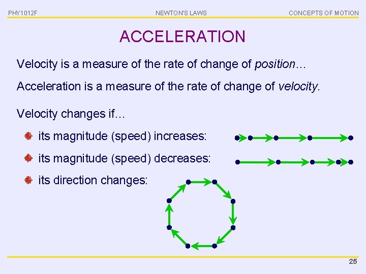 PHY 1012 F NEWTON’S LAWS CONCEPTS OF MOTION ACCELERATION Velocity is a measure of