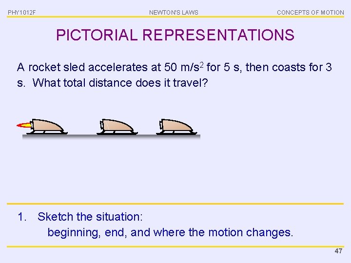 PHY 1012 F NEWTON’S LAWS CONCEPTS OF MOTION PICTORIAL REPRESENTATIONS A rocket sled accelerates