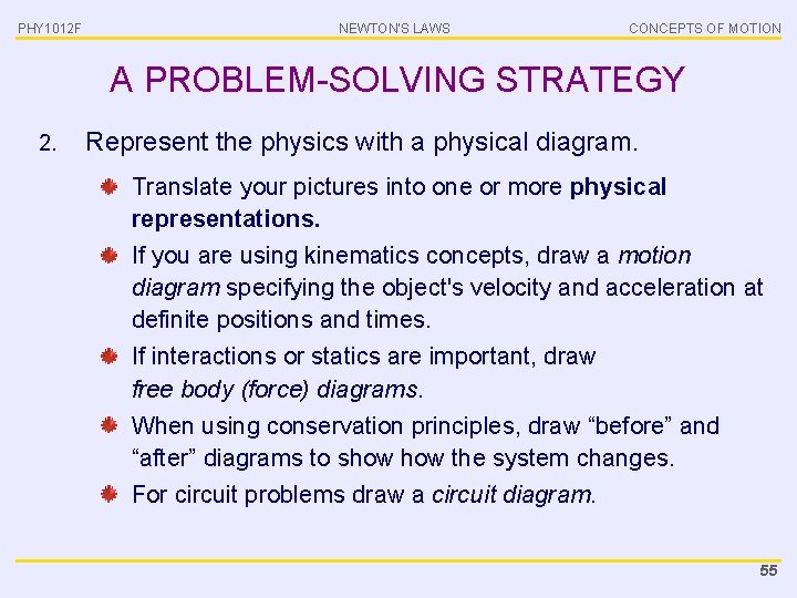 PHY 1012 F NEWTON’S LAWS CONCEPTS OF MOTION A PROBLEM-SOLVING STRATEGY 2. Represent the