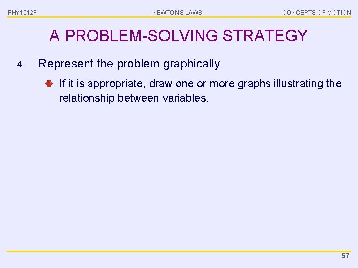 PHY 1012 F NEWTON’S LAWS CONCEPTS OF MOTION A PROBLEM-SOLVING STRATEGY 4. Represent the