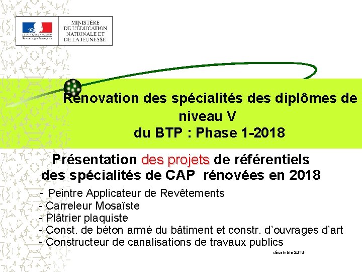  Rénovation des spécialités des diplômes de niveau V du BTP : Phase 1