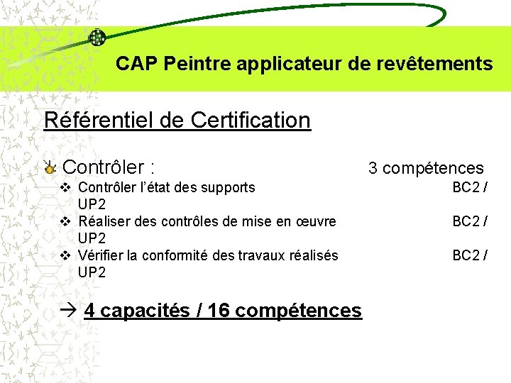  CAP Peintre applicateur de revêtements Référentiel de Certification Contrôler : v Contrôler l’état