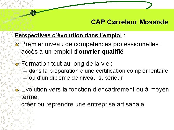  CAP Carreleur Mosaïste Perspectives d’évolution dans l’emploi : Premier niveau de compétences professionnelles