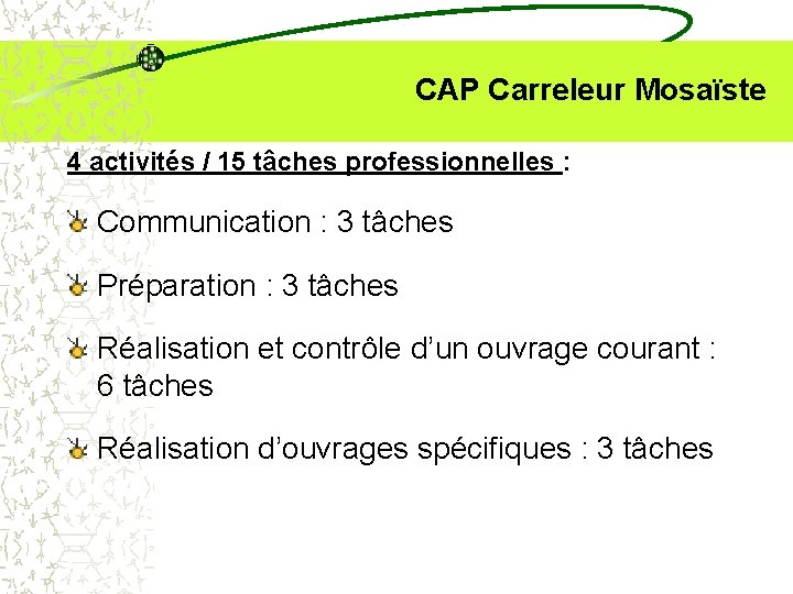  CAP Carreleur Mosaïste 4 activités / 15 tâches professionnelles : Communication : 3