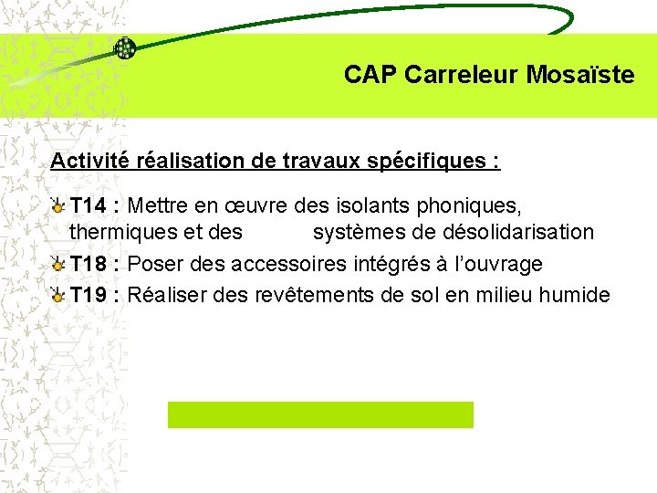  CAP Carreleur Mosaïste Activité réalisation de travaux spécifiques : T 14 : Mettre