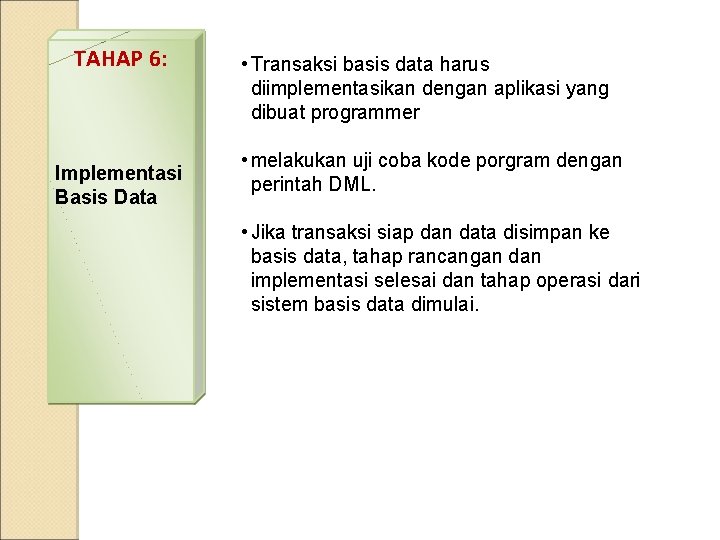 TAHAP 6: Implementasi Basis Data • Transaksi basis data harus diimplementasikan dengan aplikasi yang