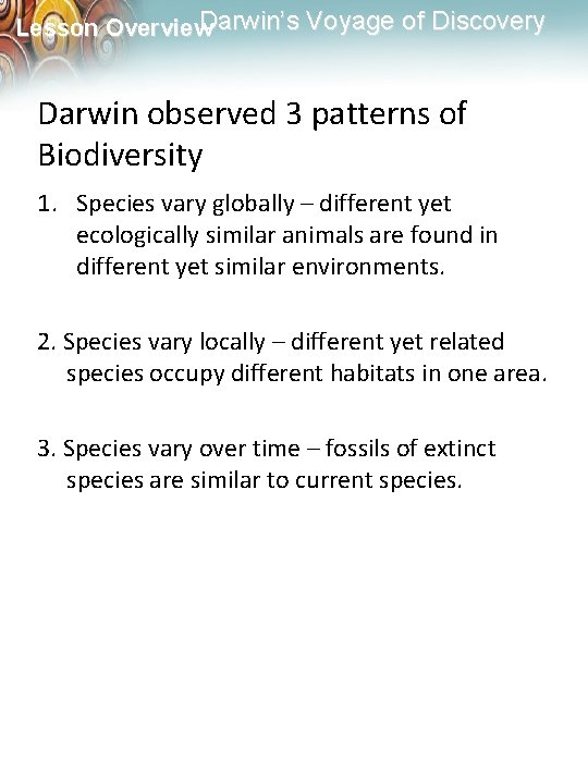 Darwin’s Voyage of Discovery Lesson Overview Darwin observed 3 patterns of Biodiversity 1. Species