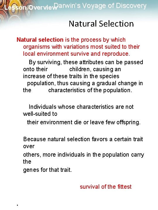 Darwin’s Voyage of Discovery Lesson Overview Natural Selection Natural selection is the process by